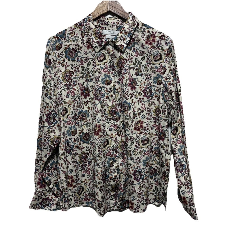 Foxcroft Blouse Women 20 Ivory Floral Shaped Wrinkle Free Button Front Cotton
